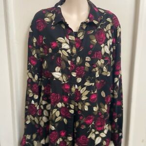 Rock & Republic, Black and Pink Floral, Long Sleeves Shirt Blouse. (L)
